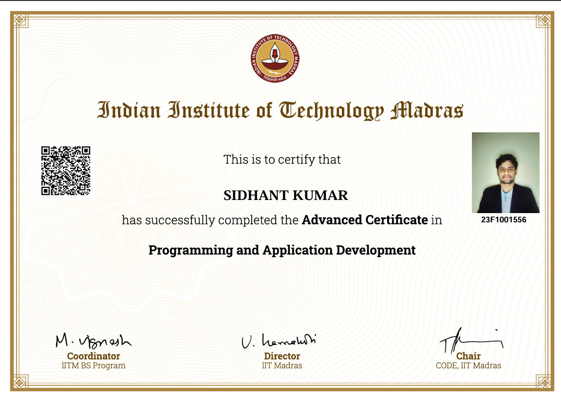 IIT Madras diploma in programming certificate