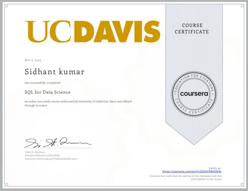 Sql certificate from coursera